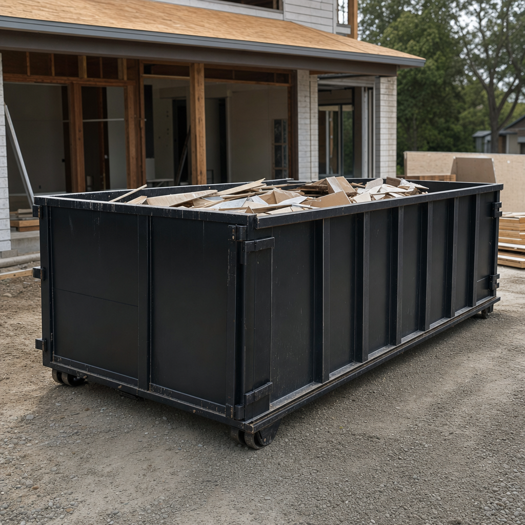 Large matte-black 30-yard construction roll-off dumpster at an active Pico Rivera jobsite, steel-gray top rails and bottom rollers visible, loaded with construction debris.