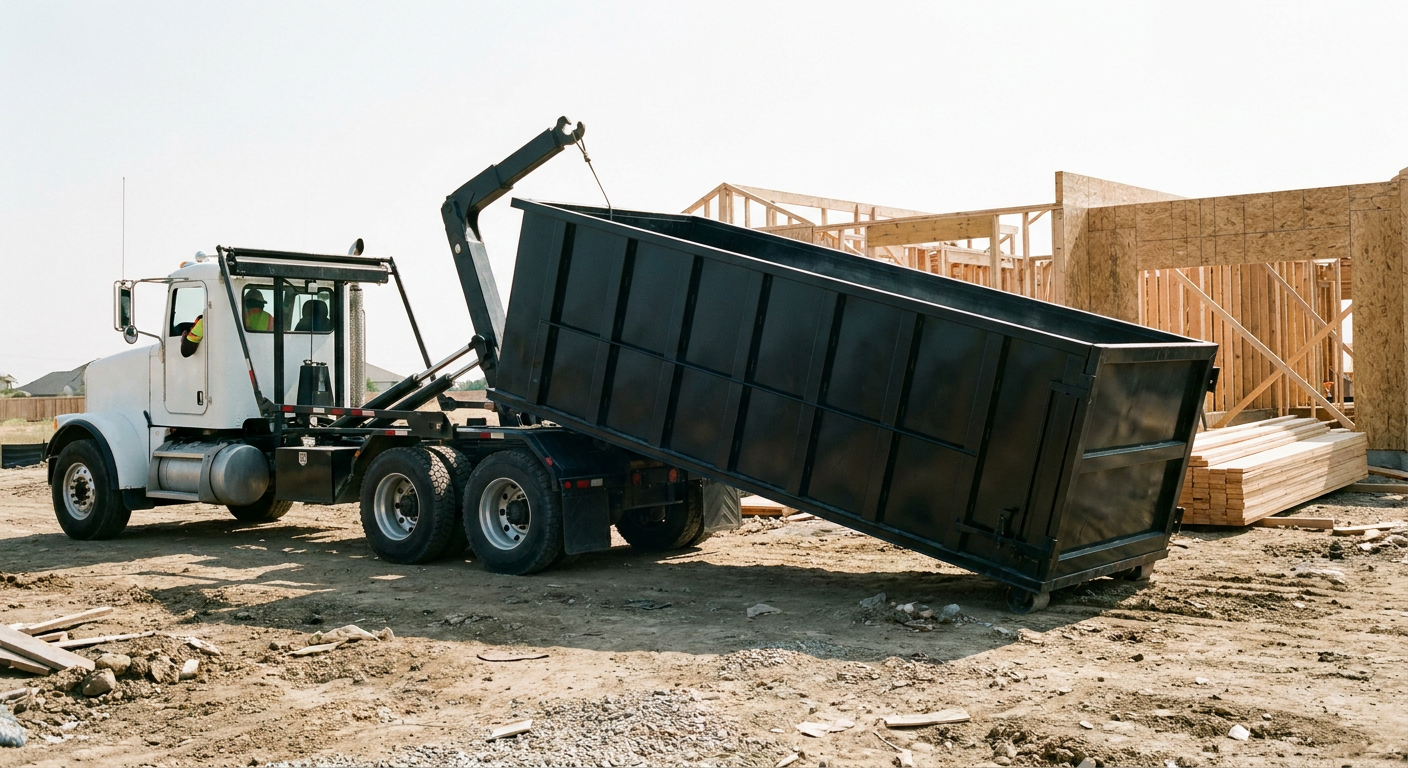 Matte-black roll-off dumpster being delivered onto a clean residential concrete driveway in Pico Rivera by an unmarked white hooklift hauler truck, bright morning daylight, documentary 35mm perspective.